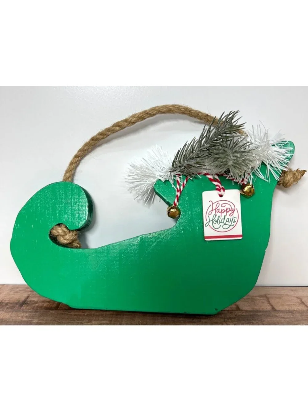 Handcrafted Green Wooden Elf Shoe Holiday Decor With Festive Embellishments